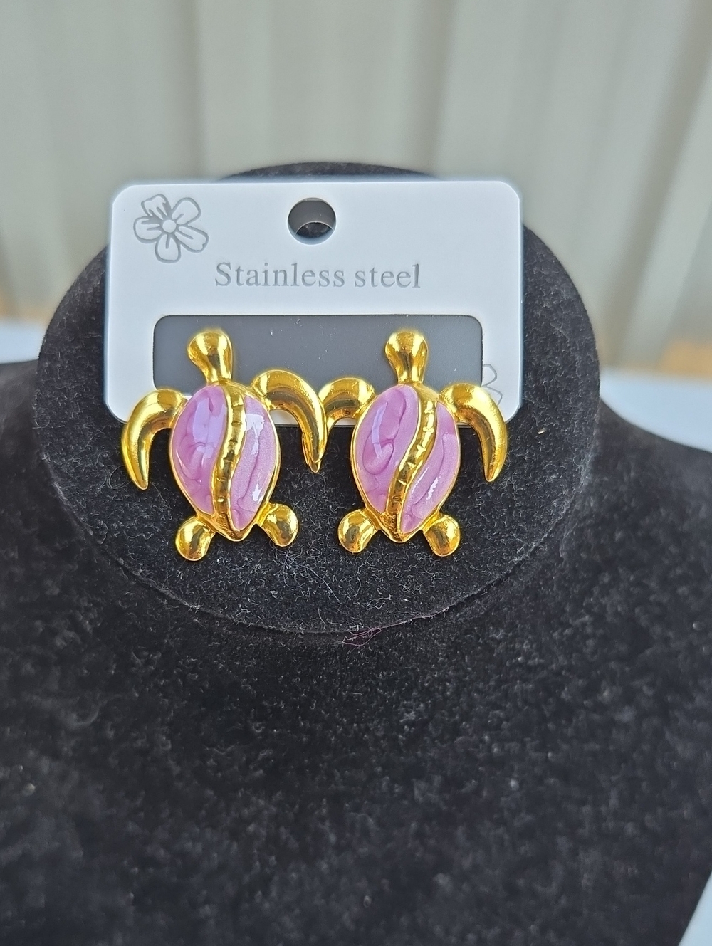 Gold Tone Pink Turtle Stud Earrings - Stainless Steel